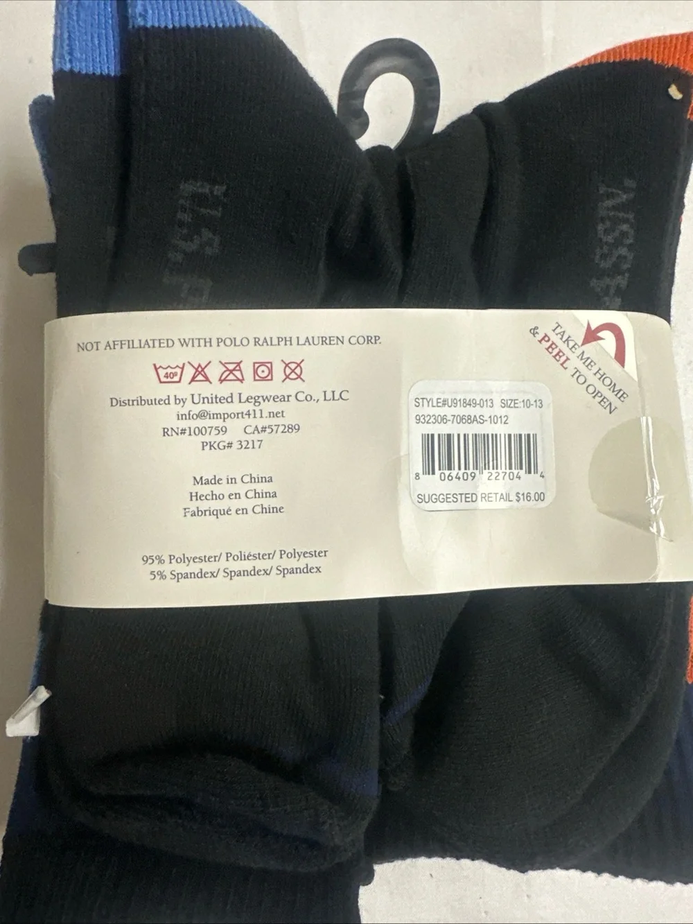 U.S. Polo Assn. Men’s Crew Socks in Black with Red & Blue Stripes